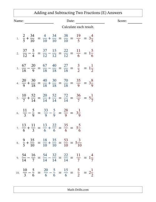 The Adding and Subtracting Proper and Improper Fractions with Similar Denominators, Mixed Fractions Results and Some Simplifying (Fillable) (E) Math Worksheet Page 2