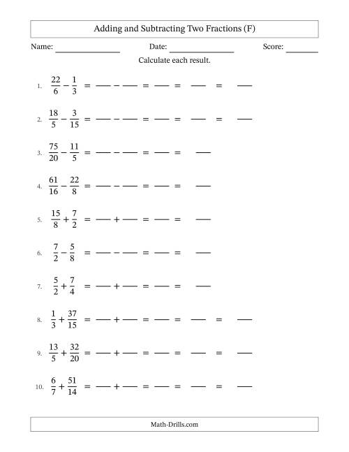 The Adding and Subtracting Proper and Improper Fractions with Similar Denominators, Mixed Fractions Results and Some Simplifying (Fillable) (F) Math Worksheet