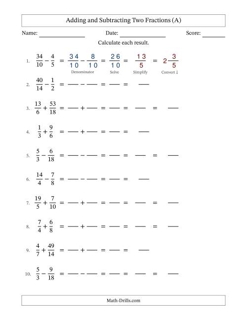 The Adding and Subtracting Proper and Improper Fractions with Similar Denominators, Mixed Fractions Results and Some Simplifying (Fillable) (All) Math Worksheet