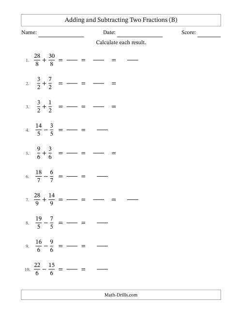 The Adding and Subtracting Fractions -- Like Terms -- No Mixed Fractions (B) Math Worksheet
