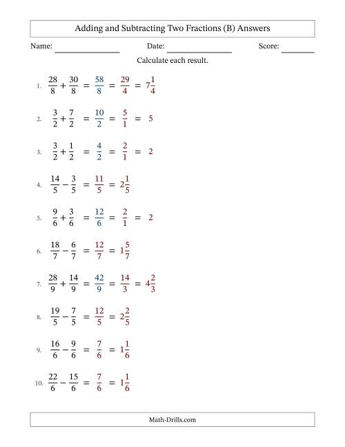The Adding and Subtracting Fractions -- Like Terms -- No Mixed Fractions (B) Math Worksheet Page 2