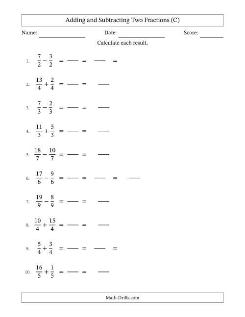 The Adding and Subtracting Proper and Improper Fractions with Equal Denominators, Mixed Fractions Results and Some Simplifying (Fillable) (C) Math Worksheet