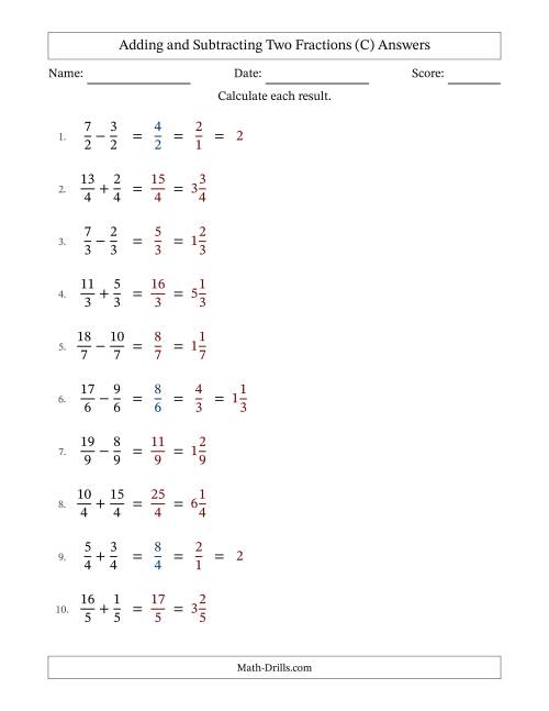 The Adding and Subtracting Proper and Improper Fractions with Equal Denominators, Mixed Fractions Results and Some Simplifying (Fillable) (C) Math Worksheet Page 2