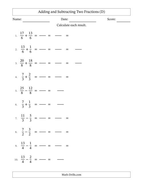 The Adding and Subtracting Fractions -- Like Terms -- No Mixed Fractions (D) Math Worksheet