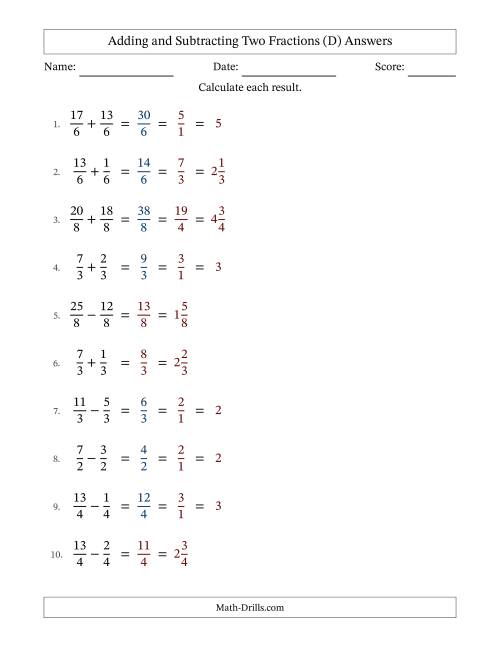 The Adding and Subtracting Proper and Improper Fractions with Equal Denominators, Mixed Fractions Results and Some Simplifying (Fillable) (D) Math Worksheet Page 2