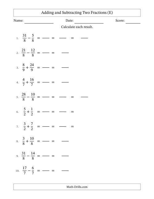 The Adding and Subtracting Proper and Improper Fractions with Equal Denominators, Mixed Fractions Results and Some Simplifying (Fillable) (E) Math Worksheet