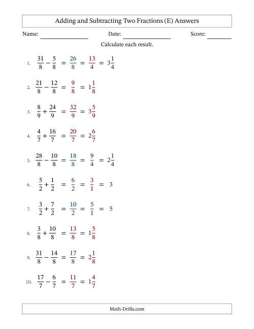 The Adding and Subtracting Fractions -- Like Terms -- No Mixed Fractions (E) Math Worksheet Page 2