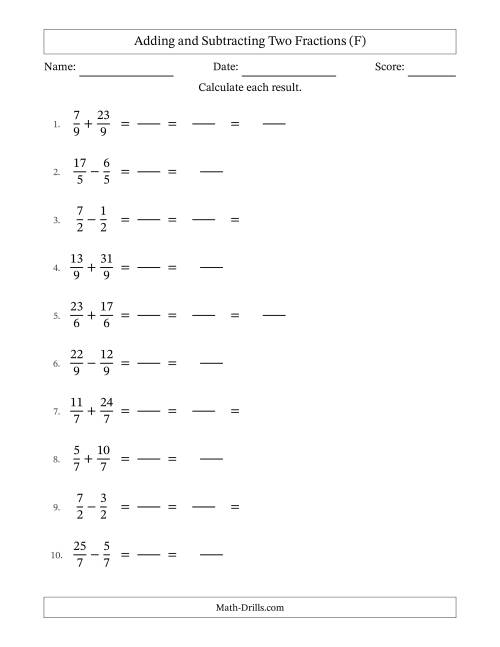 The Adding and Subtracting Proper and Improper Fractions with Equal Denominators, Mixed Fractions Results and Some Simplifying (Fillable) (F) Math Worksheet
