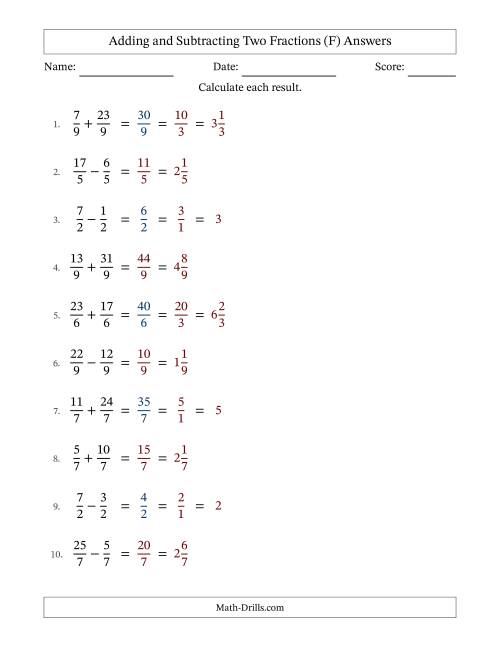 The Adding and Subtracting Proper and Improper Fractions with Equal Denominators, Mixed Fractions Results and Some Simplifying (Fillable) (F) Math Worksheet Page 2