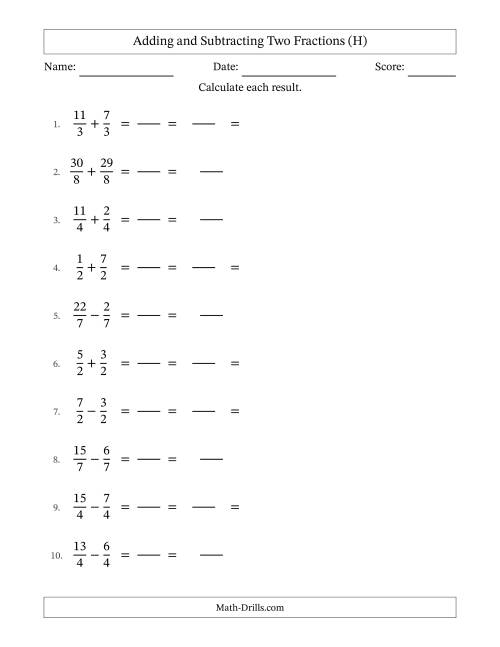 The Adding and Subtracting Fractions -- Like Terms -- No Mixed Fractions (H) Math Worksheet