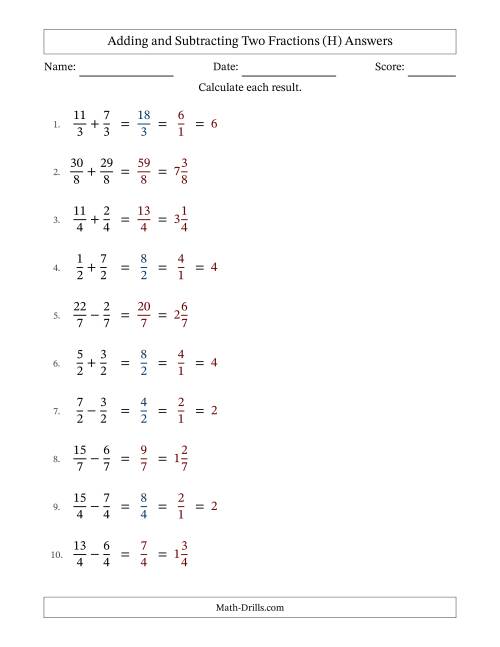 The Adding and Subtracting Fractions -- Like Terms -- No Mixed Fractions (H) Math Worksheet Page 2
