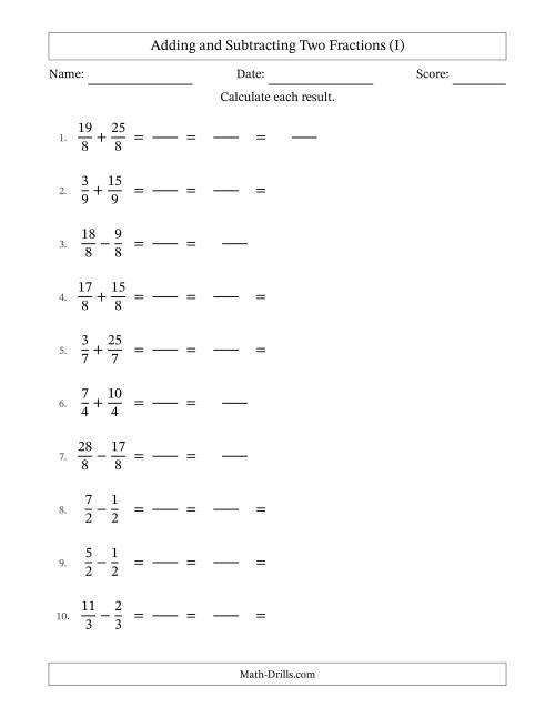 The Adding and Subtracting Proper and Improper Fractions with Equal Denominators, Mixed Fractions Results and Some Simplifying (Fillable) (I) Math Worksheet