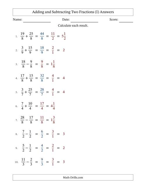 The Adding and Subtracting Fractions -- Like Terms -- No Mixed Fractions (I) Math Worksheet Page 2