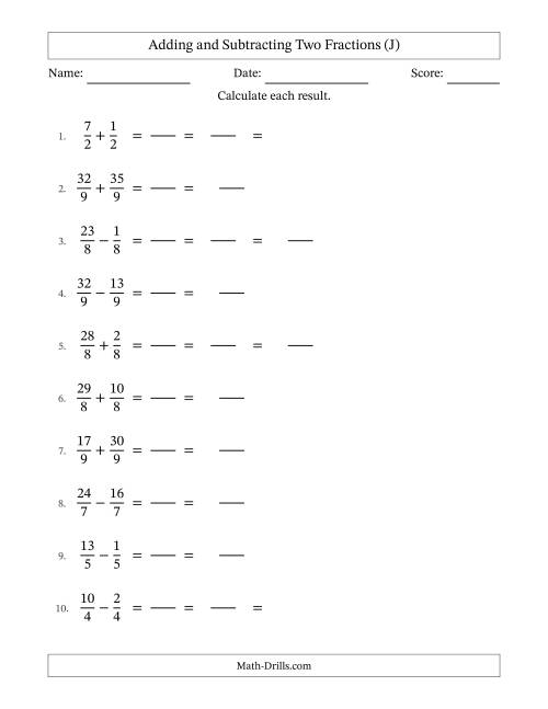 The Adding and Subtracting Proper and Improper Fractions with Equal Denominators, Mixed Fractions Results and Some Simplifying (Fillable) (J) Math Worksheet