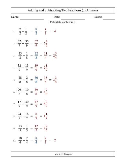 The Adding and Subtracting Proper and Improper Fractions with Equal Denominators, Mixed Fractions Results and Some Simplifying (Fillable) (J) Math Worksheet Page 2