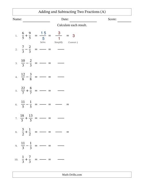 The Adding and Subtracting Proper and Improper Fractions with Equal Denominators, Mixed Fractions Results and Some Simplifying (Fillable) (All) Math Worksheet
