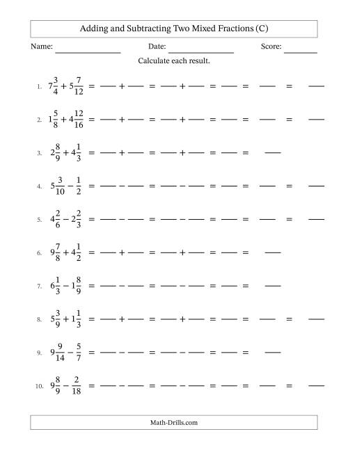 The Adding and Subtracting Two Mixed Fractions with Similar Denominators, Mixed Fractions Results and Some Simplifying (Fillable) (C) Math Worksheet