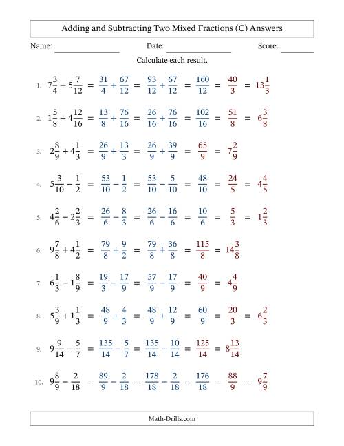 The Adding and Subtracting Two Mixed Fractions with Similar Denominators, Mixed Fractions Results and Some Simplifying (Fillable) (C) Math Worksheet Page 2