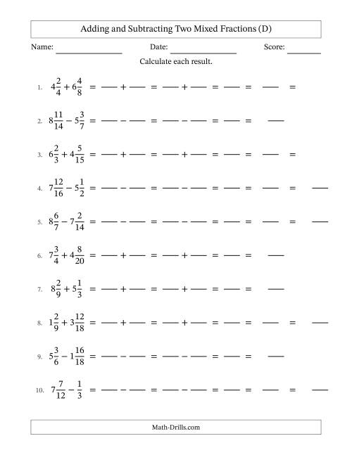 The Adding and Subtracting Two Mixed Fractions with Similar Denominators, Mixed Fractions Results and Some Simplifying (Fillable) (D) Math Worksheet