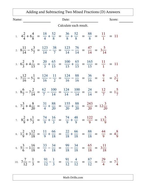 The Adding and Subtracting Mixed Fractions (D) Math Worksheet Page 2