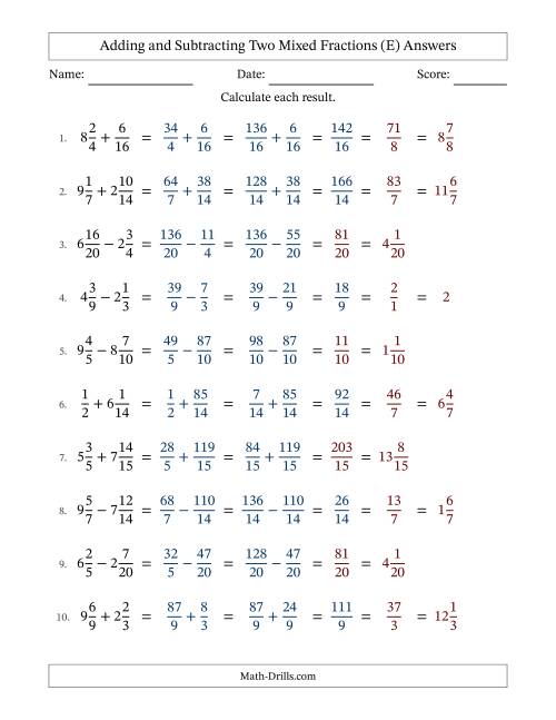 The Adding and Subtracting Two Mixed Fractions with Similar Denominators, Mixed Fractions Results and Some Simplifying (Fillable) (E) Math Worksheet Page 2