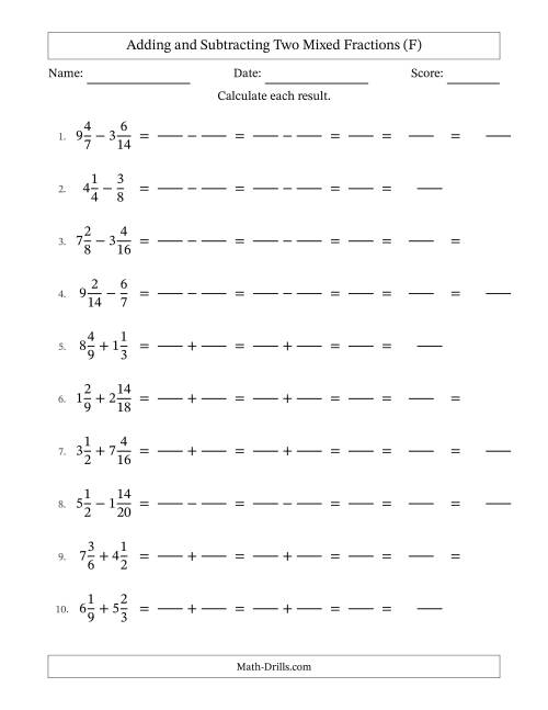 The Adding and Subtracting Mixed Fractions (F) Math Worksheet