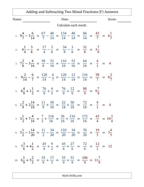 The Adding and Subtracting Mixed Fractions (F) Math Worksheet Page 2
