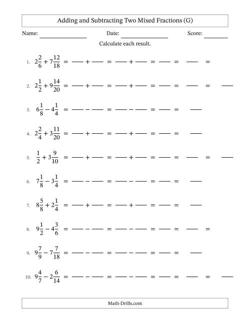 The Adding and Subtracting Mixed Fractions (G) Math Worksheet