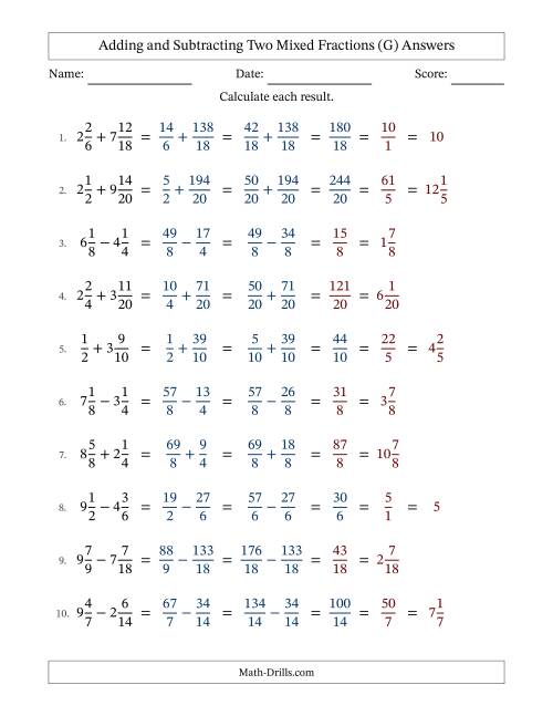 The Adding and Subtracting Mixed Fractions (G) Math Worksheet Page 2
