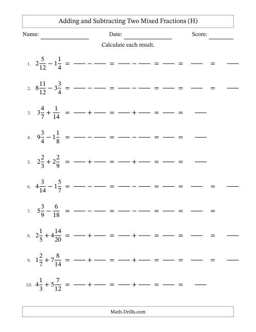 The Adding and Subtracting Mixed Fractions (H) Math Worksheet