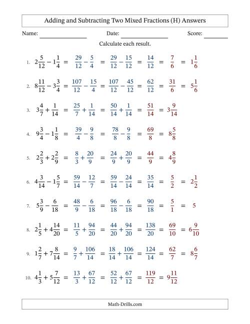 The Adding and Subtracting Mixed Fractions (H) Math Worksheet Page 2