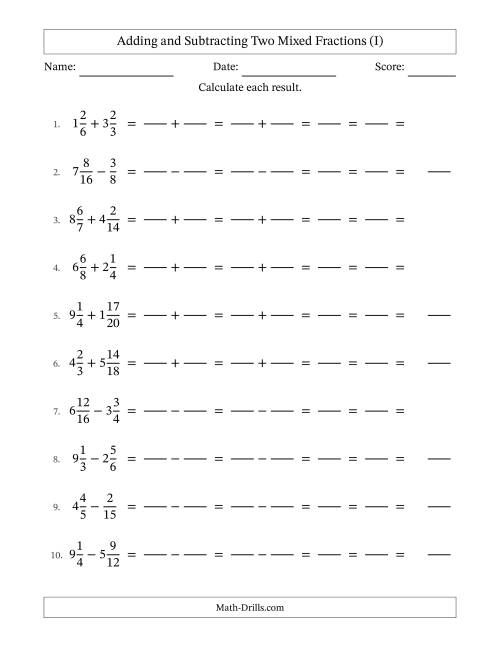 The Adding and Subtracting Mixed Fractions (I) Math Worksheet