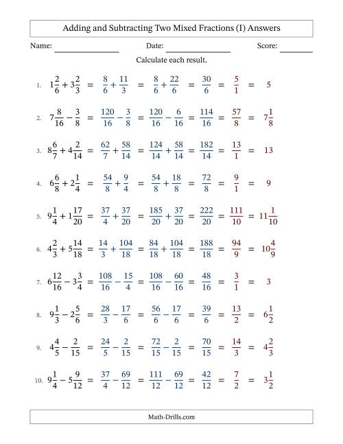 The Adding and Subtracting Mixed Fractions (I) Math Worksheet Page 2