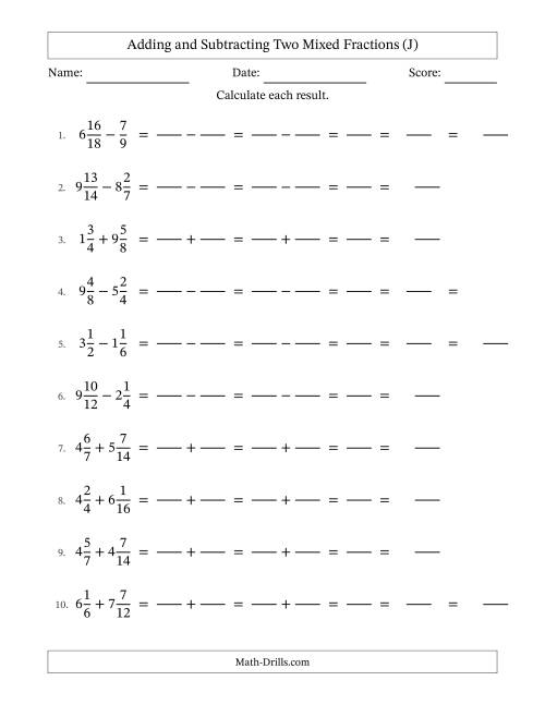 The Adding and Subtracting Two Mixed Fractions with Similar Denominators, Mixed Fractions Results and Some Simplifying (Fillable) (J) Math Worksheet