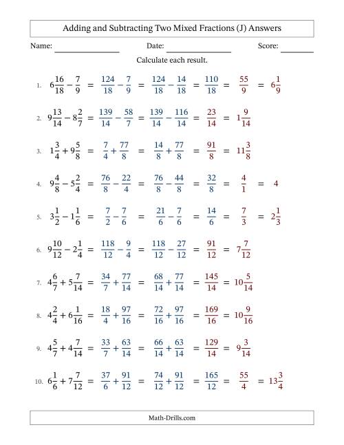 The Adding and Subtracting Mixed Fractions (J) Math Worksheet Page 2