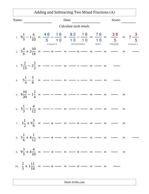 The Adding and Subtracting Mixed Fractions (All) Math Worksheet