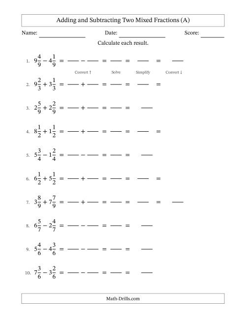 The Adding and Subtracting Two Mixed Fractions with Equal Denominators, Mixed Fractions Results and Some Simplifying (Fillable) (A) Math Worksheet