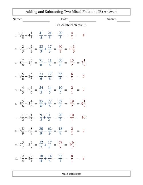The Adding and Subtracting Mixed Fractions with Like Terms (B) Math Worksheet Page 2