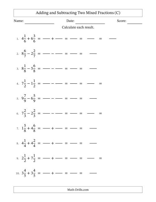 The Adding and Subtracting Two Mixed Fractions with Equal Denominators, Mixed Fractions Results and Some Simplifying (Fillable) (C) Math Worksheet