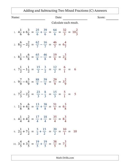 The Adding and Subtracting Two Mixed Fractions with Equal Denominators, Mixed Fractions Results and Some Simplifying (Fillable) (C) Math Worksheet Page 2