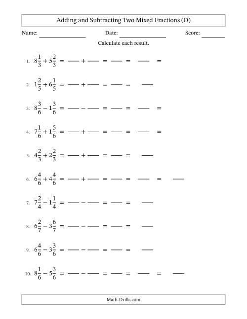 The Adding and Subtracting Mixed Fractions with Like Terms (D) Math Worksheet