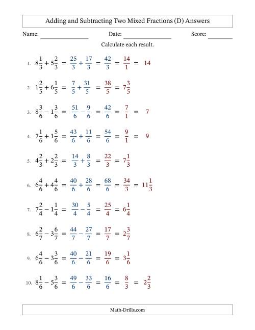 The Adding and Subtracting Two Mixed Fractions with Equal Denominators, Mixed Fractions Results and Some Simplifying (Fillable) (D) Math Worksheet Page 2
