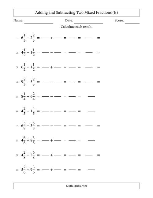 The Adding and Subtracting Mixed Fractions with Like Terms (E) Math Worksheet