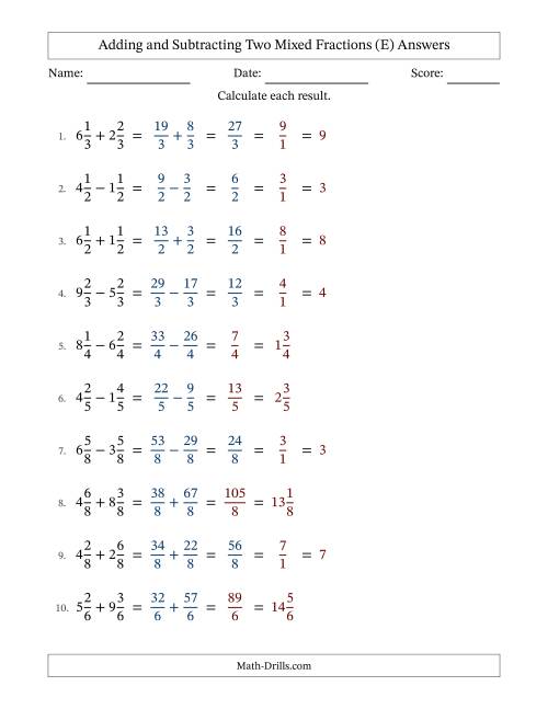 The Adding and Subtracting Two Mixed Fractions with Equal Denominators, Mixed Fractions Results and Some Simplifying (Fillable) (E) Math Worksheet Page 2
