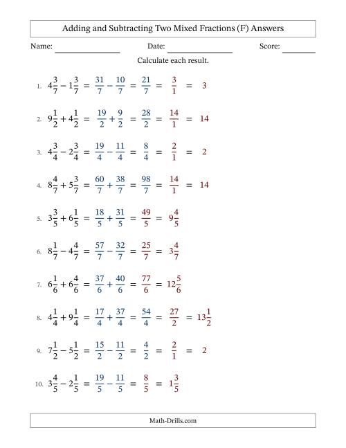 The Adding and Subtracting Mixed Fractions with Like Terms (F) Math Worksheet Page 2