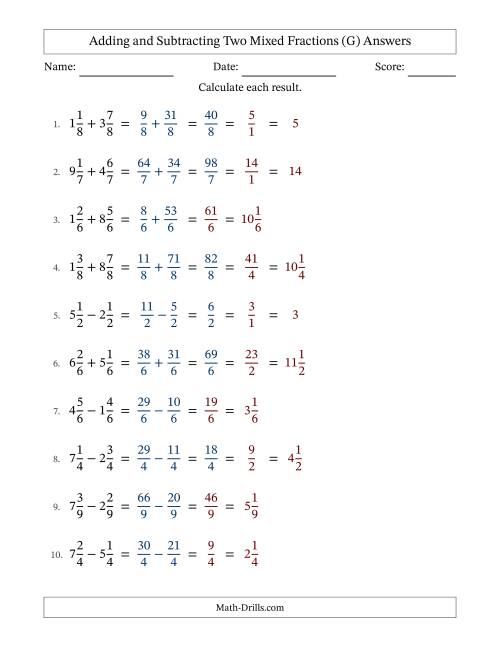The Adding and Subtracting Mixed Fractions with Like Terms (G) Math Worksheet Page 2