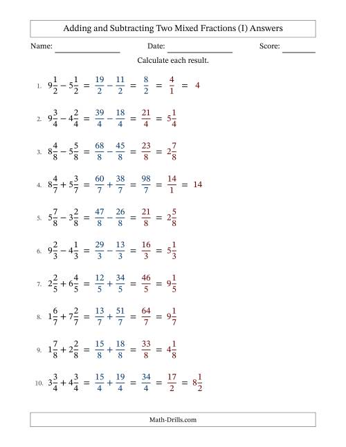 The Adding and Subtracting Two Mixed Fractions with Equal Denominators, Mixed Fractions Results and Some Simplifying (Fillable) (I) Math Worksheet Page 2