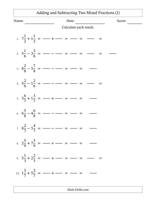 The Adding and Subtracting Mixed Fractions with Like Terms (J) Math Worksheet