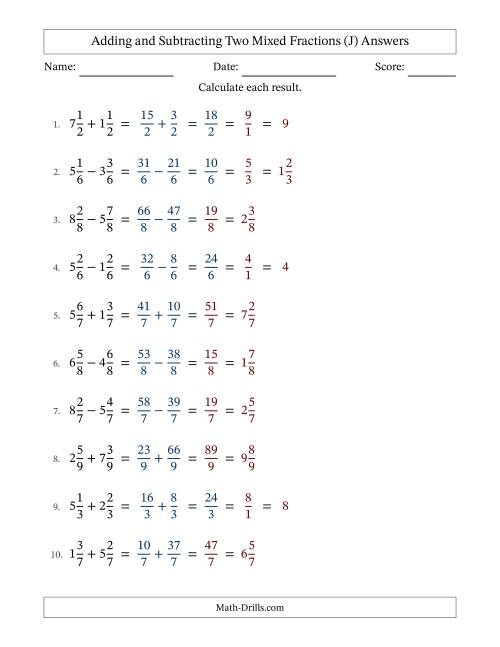 The Adding and Subtracting Mixed Fractions with Like Terms (J) Math Worksheet Page 2