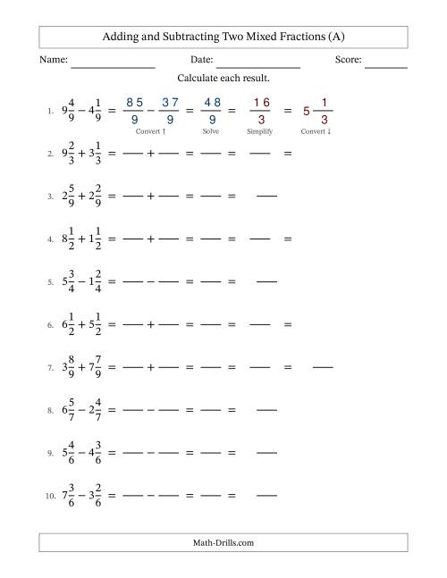 The Adding and Subtracting Mixed Fractions with Like Terms (All) Math Worksheet